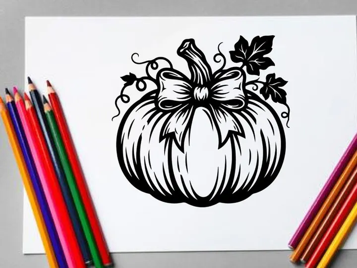 Decorative pumpkin with bow and leaves for fall or Halloween decor