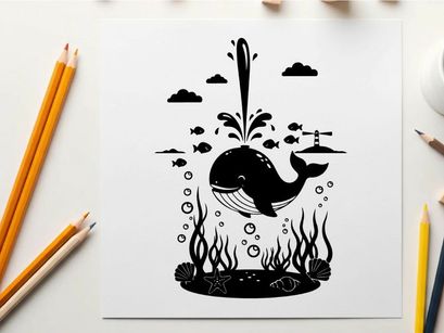 Whale silhouette jumping out of ocean water with seaweed silhouette