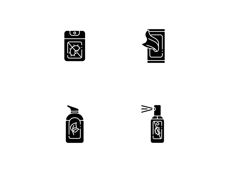 Antibacterial hand sanitizers black glyph icons set on white space