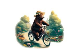 Bear riding a bike in floral countryside road, isolated in white background.