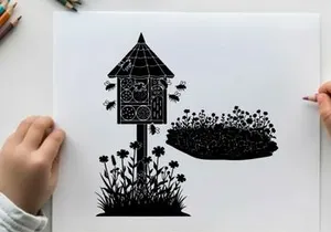 Silhouette of a birdhouse and flowers on a white background