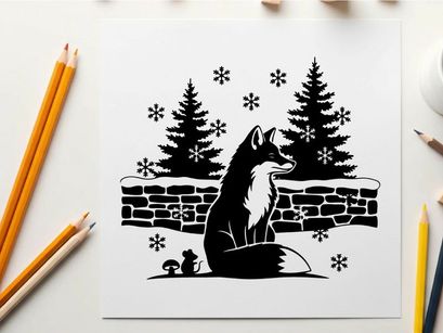 Silhouette of a fox sitting by a snowy wall with pine trees silhouette