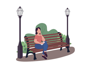 Woman sitting on bench in park semi flat color vector character preview picture