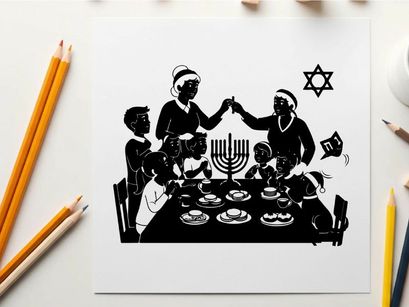 Happy jewish family in silhouette celebrating hanukkah together