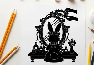 Silhouette of a rabbit in front of a vanity mirror with flowers