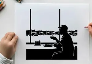 Man sitting in silhouette at a diner table by the window
