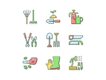 Gardening equipment RGB color icons set preview picture