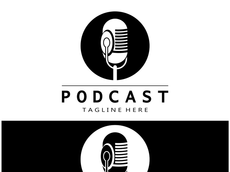 podcast logo with microphone and earphone audio, radio waves. for studio, talk show, chat, information sharing, interview, multimedia and web.