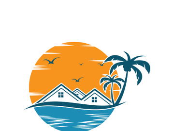 Minimalist icon sunset beach house logo design template preview picture