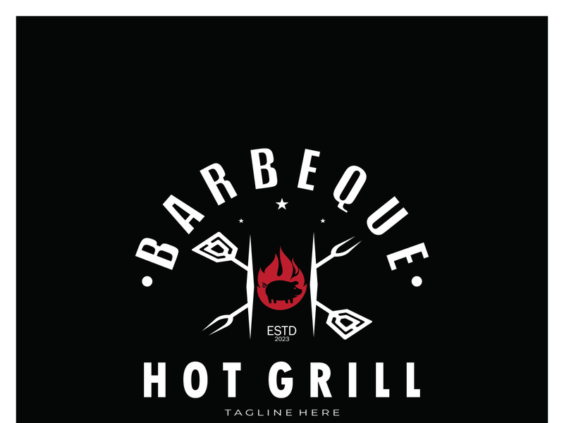 Smoke and BBQ Barbecue Vintage hot grill, with crossed flames and spatula. Logo for restaurant, badge, cafe and bar.vector