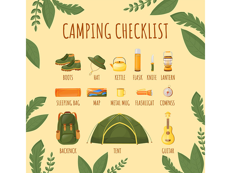 Camping checklist flat color vector informational infographic template