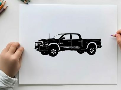 Silhouette of a black pickup truck with white accents and details