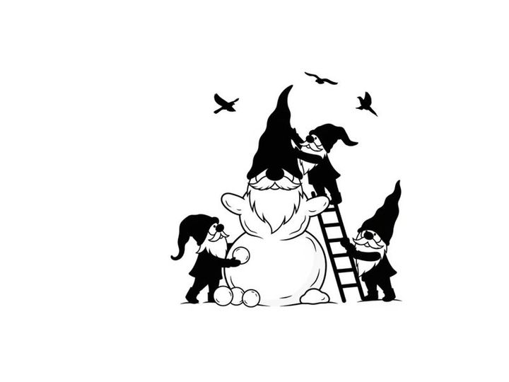 Gnomes building a snowman silhouette in winter wonderland scene