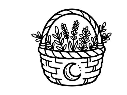 Wicker basket with lavender flowers. Hand drawn botanical illustration with moon symbol.