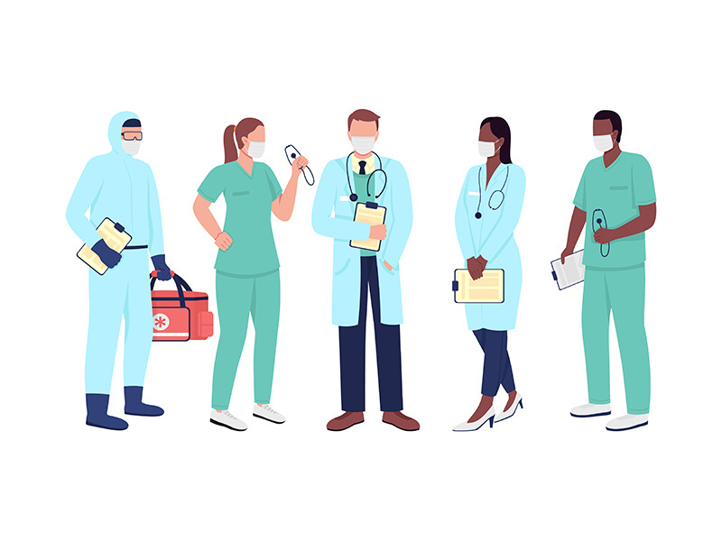 Healthcare workers flat color vector faceless character set