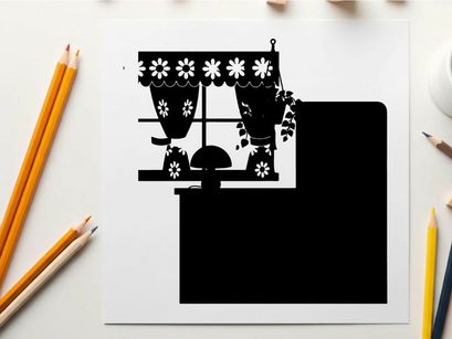 Silhouette of kitchen appliances and window with curtains