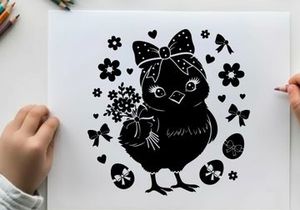 Silhouette of a cute chick with bow and flowers