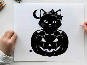 Black cat silhouette sitting on a jack o lantern preview picture