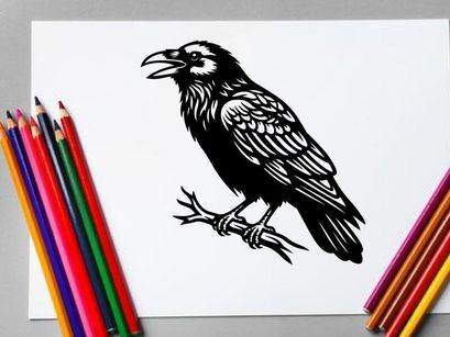 Detailed black and white illustration of a hawk with intricate feather patterns