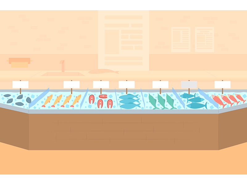 Market stall with seafood flat color vector illustration