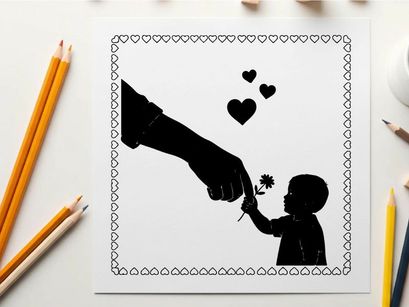 Silhouette of a child receiving a flower with hearts