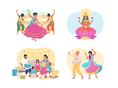 Traditions during Diwali 2D vector isolated illustrations set