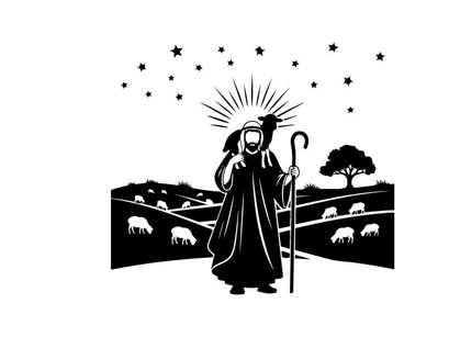 Silhouette of a shepherd under starry night with sheep