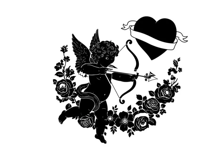 Cupid silhouette with heart and roses on white background