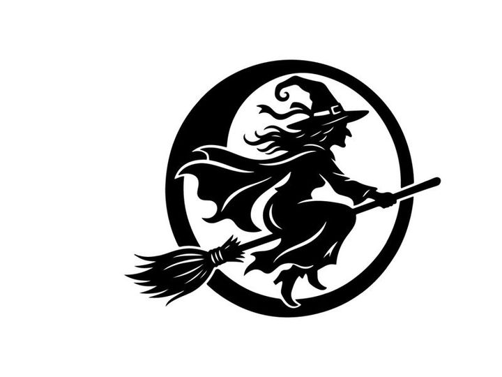 Stylized witch riding a broomstick in a circular emblem design