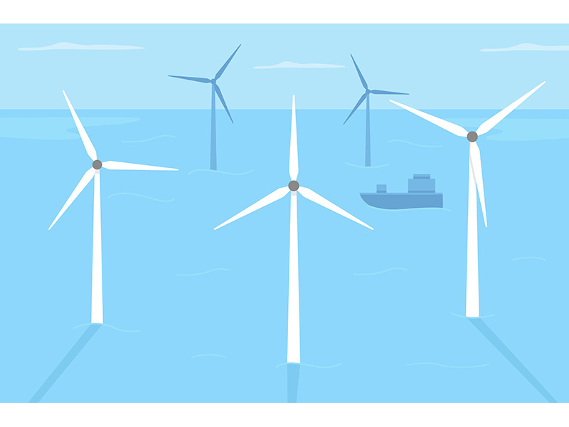 Wind farm locating in shallow water flat color vector illustration