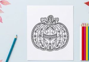 Hand-drawn pumpkin illustration for Halloween decor. Vintage-style autumn gourd sketch with intricate line art details.