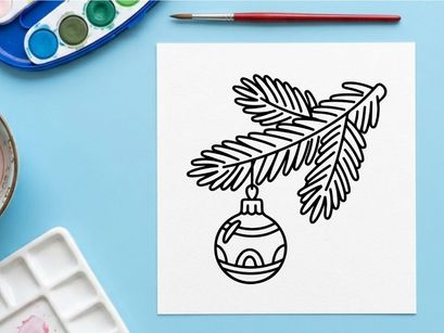 Ilustração vetorial de galho de árvore de Natal com enfeite pendurado em arte de linha