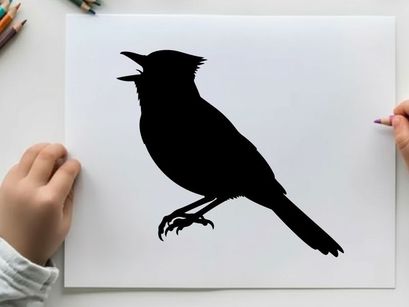 Bird silhouette singing with open beak on white background