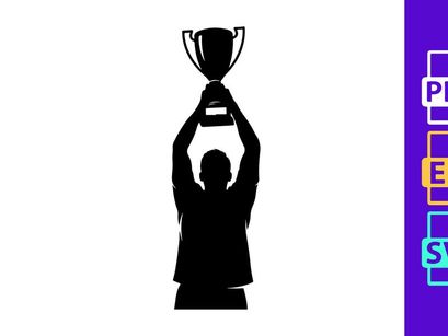 A person holding a trophy in victory and celebration with arms raised high in triumph