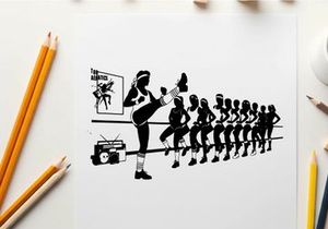 Silhouette of a woman leading a line of dancing silhouettes