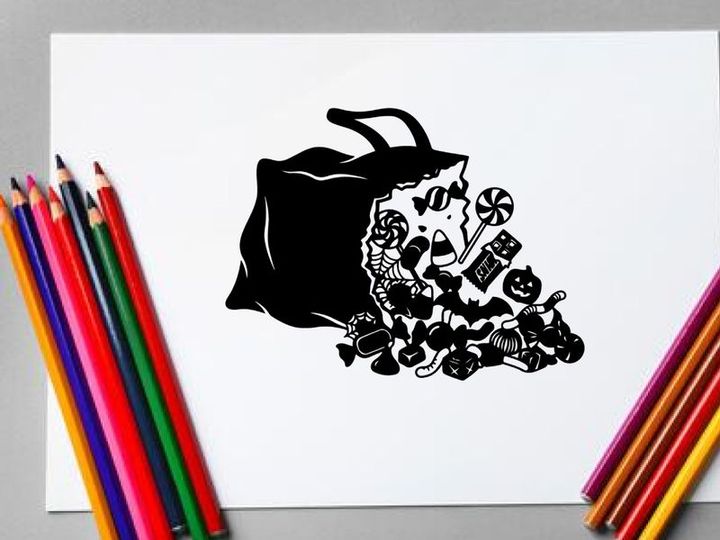 Ilustración en blanco y negro de una bolsa derramada de dulces y juguetes