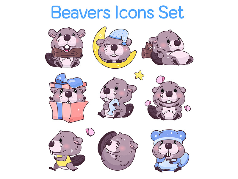 Cute beavers kawaii cartoon characters icons set