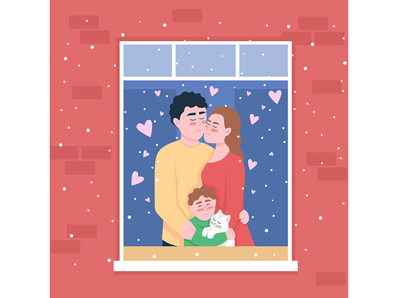 Happy caucasian family in home window flat color vector illustration