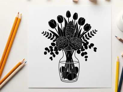 Silhouette of tulips and flowers in a vase on white background