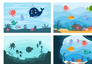 12 Cute Ocean Animals Underwater Background Flat Design