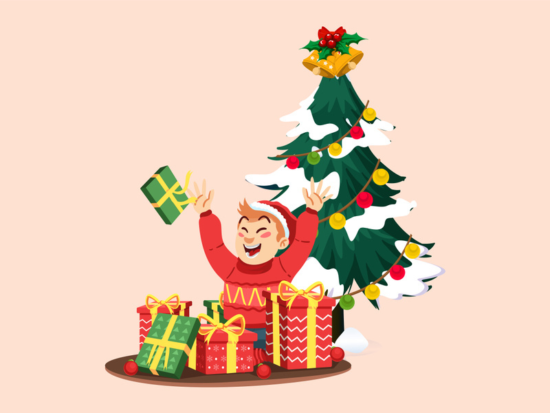 Christmas tree decorative , Pine trees happy new year holiday boy open gift
