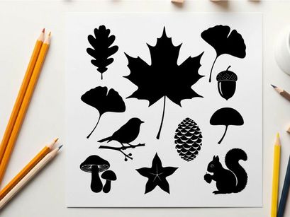 Silhouette of various forest elements and animals in black