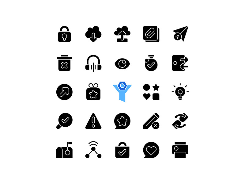 Interface black glyph icons set on white space