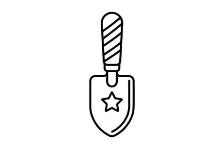 Halloween shovel icon for spooky season designs. Vector trowel with candy bucket and star for trick-or-treat graphics.