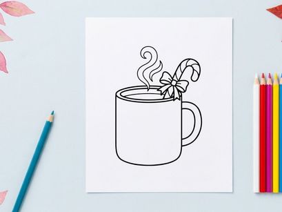 Hot cocoa mug with candy cane and snowflake steam for festive Christmas celebration