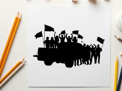 Silhouette of people on a truck waving flags in celebration