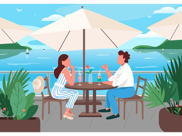 Friends having breakfast in seaside resort cafe flat color vector illustration preview picture