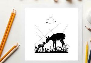 Deer silhouette of mother and fawn in wildflowers with birds