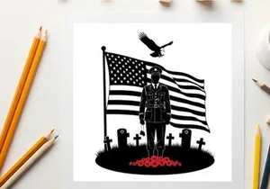 American soldier silhouette with flag and cemetery