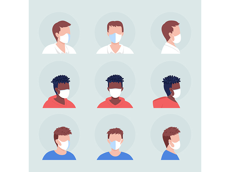 No-pleat white mask semi flat color vector character avatar set